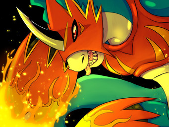 anthro armor attack blue_body horn male markings open_mouth red_eyes sharp_teeth solo teeth tongue tongue_out white_body yellow_markings heart-of-a-dragoness bandai_namco digimon digimon_(species) flamedramon reptile scalie 2020 4:3