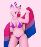 anthro beak bikini bisexual_pride_colors breasts claws clothing feathers female flag flag_(object) holding_flag holding_object lgbt_pride markings neck_tuft pink_beak pink_body pink_claws pink_feathers pink_skin pride_color_flag pride_colors purple_eyes purple_markings slightly_chubby slightly_chubby_female solo swimwear tail tail_feathers tuft two-piece_swimsuit tsunderewitch bandai_namco digimon chica_the_piyomon avian bird biyomon digimon_(species) hi_res