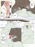 3:4 bear bed blush bodily_fluids brown_bear brown_body brown_fur censored comic dialogue drooling duo english_text erection eyes_closed french_kissing fur furniture genitals grizzly_(shirokuma_cafe) grizzly_bear hand_on_chest intraspecies kissing kumao licked_silly licking looking_pleasured lying male male/male mammal nude okatana open_mouth oral penis polar_bear saliva sex shirokuma shirokuma_cafe sideways_oral teeth text tongue tongue_out translated ursine