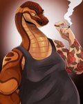 anthro brown_body cigarette clothed clothing grey_clothing grey_topwear holding_cigarette holding_object male markings mouth_closed narrowed_eyes orange_body orange_markings orange_scales scales simple_background slightly_chubby slightly_chubby_anthro slightly_chubby_male smoke solo topwear imperatorcaesar reptile scalie snake half-length_portrait hi_res portrait