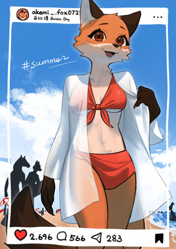 5_fingers akemi_the_fox_(meruyes) ambiguous_gender anthro bikini black_body black_fur black_nose breasts brown_eyes claws clothing cloud eyelashes eyeliner female female_focus fingers fur group happy looking_aside makeup navel open_mouth orange_body orange_fur outside pink_tongue red_clothing sand sea sky smile solo_focus summer swimwear tan_body tan_fur teeth text tongue two-piece_swimsuit water white_body white_fur meruyes canid canine equid equine fox horse lagomorph leporid mammal rabbit colored hi_res shaded