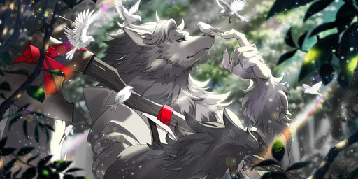 anthro axe claws clothing collared_shirt dress_shirt fluffy_arms forest forest_background male melee_weapon nature nature_background plant shirt solo suspenders topwear tree weapon yumekuro lykos_(yumekuro) avian bird canid canine canis mammal wolf hi_res