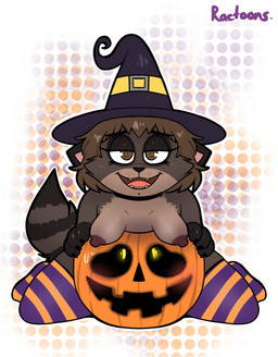 4_fingers ambiguous_gender anthro areola bangs bent_legs big_nipples black_claws black_clothing black_ears black_eyebrows black_hat black_headwear black_nose bodily_fluids boob_hat breasts brown_body brown_breasts brown_fur brown_hair cheek_tuft claws clothing dotted_background duo eyebrow_through_hair eyebrows eyelashes facial_tuft fangs female finger_claws fingers footwear fur hair half-closed_eyes hand_on_another's_head hat headgear headwear holidays jack-o'-lantern knee_highs knee_socks larger_anthro larger_female legwear light looking_at_viewer medium_hair multicolored_body multicolored_fur narrowed_eyes nervous nervous_smile nervous_sweat nipples open_mouth open_smile orange_body orange_knee_socks outline pattern_background pink_inner_ear plant purple_stripes red_areola red_nipples simple_background sitting size_difference small_breasts smaller_ambiguous smile smiling_at_another smiling_at_viewer socks spiral spiral_eyes striped_knee_socks stripes sweat teeth text translucent translucent_hair tuft two_tone_knee_socks white_outline witch_hat yellow_eyes ractoons halloween raquel_(ractoons) elemental_creature flora_fauna living_pumpkin mammal procyonid raccoon 2021 artist_name colored digital_drawing_(artwork) digital_media_(artwork) english_description hi_res lighting shaded