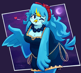 anthro beak big_breasts blue_body blue_bottomwear blue_clothing blue_eyes blue_feathers blue_fur blue_hair blue_topwear blush blush_lines border bottomwear breasts chain cheek_tuft chest_tuft cleavage clothed clothing cloud covered_breasts curvy_figure dark_clothing detailed_background dress eyebrow_through_hair eyebrows eyelashes eyewear facial_tuft feather_hair feather_hands feathered_wings feathers female fingers fur gesture goggles hair hand_gesture hand_on_leg happy heart_symbol jewelry long_hair looking_at_viewer moon multicolored_hair neck_tuft necklace non-mammal_breasts one_eye_closed open_mouth outside overweight overweight_anthro overweight_female pseudo_hair raised_eyebrows side_view simple_background sky smile solo standing star starry_sky tail tail_feathers thick_thighs topwear translucent translucent_hair tuft white_border wide_hips winged_arms wings yellow_beak stephsartlab undertale undertale_(series) undertale_yellow martlet_(undertale_yellow) avian bird monster digital_media_(artwork) hi_res