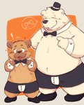 anthro black_nose bow_tie brown_body clothing duo exclamation_point eyes_closed hat headgear headwear kemono male overweight overweight_male simple_background size_difference underwear white_body naru_papi bear hyena mammal polar_bear ursine 2024 absurd_res hi_res