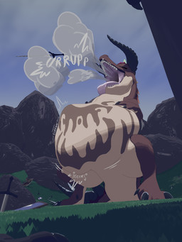 ambiguous_gender ambiguous_prey belly belly_tattoo big_belly burping digestion_implied digestion_noises feral horn male male_pred onomatopoeia soft_vore sound_effects struggling struggling_prey tattoo text unwilling_prey vore weapon marvelouseyes mythology dragon mythological_creature mythological_scalie scalie blender_(artwork) blender_eevee_(artwork) digital_media_(artwork) hi_res