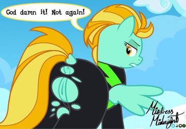 anus clenched_teeth clothing dialogue dock_(anatomy) female feral frustrated genitals looking_back on_model puffy_anus simple_background solo speech_bubble spread_wings tail tail_aside teeth torn_clothing vulva wardrobe_malfunction wings mistressmidnight friendship_is_magic hasbro my_little_pony mythology lightning_dust_(mlp) equid equine horse mammal mythological_creature mythological_equine pegasus pony hi_res