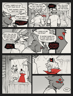 2_horns 3_eyes ambiguous_anthro ambiguous_gender anthro buckteeth clothing dialogue flower hat headgear headwear horn male male_anthro multi_eye plant profanity red_eyes red_flower speech_bubble teeth text aveloka cult_of_the_lamb massive_monster_(studio) lamb_(cult_of_the_lamb) narinder bovid caprine domestic_cat felid feline felis hare lagomorph leporid mammal sheep 2025 comic digital_drawing_(artwork) digital_media_(artwork) english_text hi_res spot_color