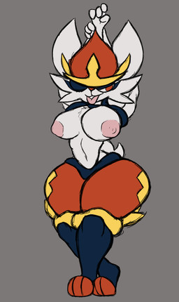 anthro areola big_breasts breasts buckteeth cheek_tuft eyelashes facial_tuft female female_anthro front_view fur grey_background hands_behind_head navel nipples orange_body orange_eyes orange_fur orange_nose pink_areola pink_nipples simple_background solo teeth thick_thighs tongue tongue_out tuft white_body white_fur wide_hips thfooxxir nintendo pokemon cinderace generation_8_pokemon pokemon_(species)