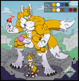 anthro belt big_ears black_border blue_eyes border brown_body brown_fur building building_destruction chaos_emerald claws clothing destruction fangs footwear fur gem genitals gloves green_hill_zone growth handwear macro male male/male multi_tail muscle_growth muscular penis ruins shoes size_difference size_transformation solo tail teeth transformation vein veiny_penis white_body white_fur yellow_body yellow_fur pacheco sega sonic_the_hedgehog_(series) miles_prower canid canine fox mammal hi_res model_sheet