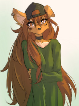 5_fingers anthro biped breasts brown_eyes brown_hair choker clothed clothed_anthro clothed_female clothing countershade_torso countershading ear_piercing female fingers front_view hair hat headgear headwear inner_ear_fluff jewelry long_hair looking_at_viewer necklace one_ear_up piercing simple_background small_breasts solo standing topwear tuft tinygaypirate apogee_(tinygaypirate) canid canine canis domestic_dog mammal 2025 3:4 digital_media_(artwork) hi_res