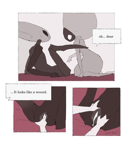 anthro bedroom biped black_body black_eyes bodily_fluids border detailed_background dialogue duo empty_eyes eye_contact female female/female female_anthro female_humanoid genital_fluids genitals grey_vulva humanoid_on_anthro inside kneeling looking_at_another looking_at_partner lying mouthless nude on_back presenting presenting_vulva sex speech_bubble spread_legs spread_vulva spreading talking_to_another talking_to_partner text vaginal_fluid_string vaginal_fluids vulva white_body white_border white_eyes justdog hollow_knight:_silksong hollow_knight_(franchise) team_cherry hornet_(hollow_knight) lace_(hollow_knight:_silksong) arthropod humanoid 2025 comic digital_drawing_(artwork) digital_media_(artwork) english_text hi_res