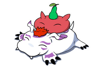 3_claws brows claws countershading duo eyes_closed fangs food fruit hair happy leaf long_ears markings object_on_head on_another outline pear plant purple_markings red_hair shadow simple_background sitting sitting_on_another squish tail teeth toony white_background scuzz_missile bandai_namco digimon toei_animation aquatic digimon_(species) gomamon punimon slime_(blob) digital_media_(artwork) hi_res shaded
