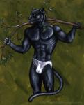 2000 4_fingers abs anthro black_body black_fur black_nose briefs bulge claws clothed clothing detailed felid fingers front_view fur green_background green_eyes holding_object leopard male mammal melanistic muscular muscular_anthro muscular_male navel nipples pantherine rog_minotaur simple_background skimpy solo standing topless underwear whiskers