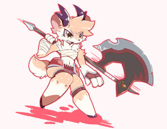 anthro antlers armor axe bandage chest_tuft chest_wraps clothed clothing female fighting_pose fur greataxe hooves horn markings melee_weapon midriff multicolored_body multicolored_fur orange_body orange_fur partially_clothed pose shadow simple_background solo spots spotted_body spotted_fur tuft two_tone_body two_tone_fur weapon white_body white_fur wraps yellow_eyes yokugrapecrepe deer mammal hi_res