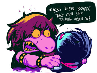ambiguous_gender anthro armband blue_body blue_hair blue_skin dialogue duo female hair hand_on_shoulder pink_body pink_scarf purple_hair scarf simple_background speech_bubble spiked_armband spikes text white_background yellow_sclera modeseven deltarune undertale_(series) kris_(deltarune) susie_(deltarune) human mammal scalie english_text