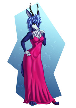 anthro antler_ring antlers blue_body blue_fur blue_hair chest_tuft clothing dress female footwear fur green_eyes hair hand_on_hip high_heels horn looking_at_viewer occult_symbol pentagram pink_clothing pink_dress pink_footwear pink_high_heels ring shoes simple_background solo symbol tail tuft za-owl phemia canid canine cervine deer fox hybrid mammal absurd_res hi_res
