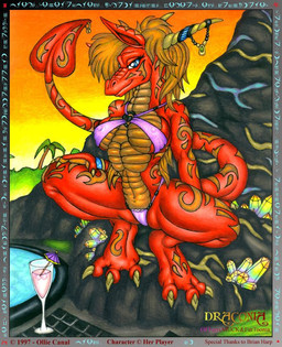 anthro beverage bikini camel_toe clothing crystal female poolside solo spread_legs spreading swimwear text two-piece_swimsuit ollie_canal mythology dragon dz'isu mythological_creature mythological_scalie scalie 1997 english_text