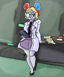 accessory anthro big_glasses blonde_hair book clipboard clothed clothed_female clothing coat desk eyewear female footwear fur furniture glasses grey_body grey_fur hair lab_coat laboratory lipstick makeup necktie opaque_glasses paper pen red_ribbon ribbons round_glasses scientist shoes solo table tail topwear b._fireball animal_crossing nintendo petri_(animal_crossing) house_mouse mammal mouse murid murine rodent absurd_res hi_res