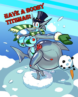 anthro band-aid bandage big_breasts big_tail bikini blue_body breasts clothed clothing female fin green_scarf grey_body handwear hat head_fin headgear headwear holidays huge_breasts inflatable latex_body looking_at_viewer mittens multicolored_body red_eyes scarf side-tie_bikini skimpy snow solo string_bikini swimwear tail tail_fin text top_hat two-piece_swimsuit two_tone_body wide_hips aygee christmas holly_(aygee) animate_inanimate fish living_inflatable living_latex marine shark 2025 english_text