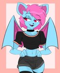 anthro blue_body bottomwear bulge clothing femboy hair male pink_hair red_eyes shorts solo terry_bat bat mammal absurd_res digital_media_(artwork) hi_res