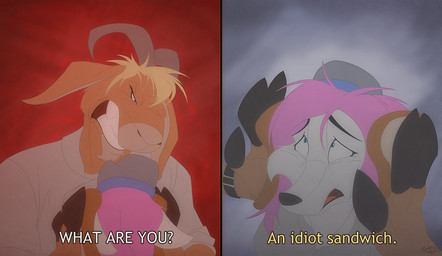 ambiguous_gender blonde_hair bread brown_body brown_fur countershading duo food fur hair horn insult male pink_hair sad sandwich_(food) snarling solo_focus tan_body tan_countershading white_body white_fur retehi idiot_sandwich real_world gordon_ramsay willowmore_fox bovid canid canine caprine fox mammal meme