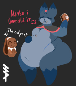 anthro blue_body blue_fur brown_body brown_fur eating eating_food female fur grey_background obese overweight simple_background solo stuffing text weight_gain hailey_png blushcrunch_studio dandy's_world roblox cocoa_(dandy's_world) eclipse_(dandy's_world) canid canine canis lagomorph leporid mammal rabbit wolf hi_res