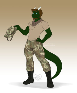 anthro beard biped blue_eyes boots bottomwear brown_clothing brown_eyebrows brown_hair brown_shirt brown_topwear camo camo_bottomwear camo_clothing camo_pants camo_print clothed clothing eyebrows facial_hair footwear front_view fully_clothed gradient_background green_body green_scales green_tail hair hand_on_hip hat headgear headwear horn male military pants pattern_bottomwear pattern_clothing pattern_pants scales scarf shirt shoes short_hair simple_background smile soldier solo standing tail topwear warrior white_horn kittydee mythology dragon mythological_creature mythological_scalie scalie 2019 digital_media_(artwork) full-length_portrait hi_res portrait