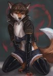 anthro armwear bottomwear bra clothing countershading elbow_gloves female fingerless_gloves gloves green_eyes handwear kneeling midriff_jacket shorts solo underwear plumpenguinn ines_(eleode) canid canine fox mammal 2021 hi_res