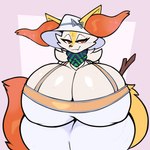 anthro bedroom_eyes big_breasts breasts cleavage clothed clothing dress female huge_breasts hyper hyper_breasts inner_ear_fluff looking_at_viewer narrowed_eyes orange_eyes scarf seductive smile solo tuft virito nintendo pokemon niki_(dofunut) braixen generation_6_pokemon pokemon_(species) 1:1 hi_res