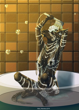anthro bath black_nipples bubble female foam horn laziness nipples nude shower solo tail tile water aleks_pakaralex canid canine deer equid equine horse hybrid mammal hi_res