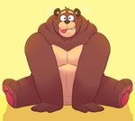 anthro belly big_belly brown_body brown_fur cute_fangs fangs fur male overweight overweight_anthro overweight_male simple_background sitting solo teeth tongue tongue_out leothelionel the_human_heart_(game) cade_maplebottom bear mammal 2021