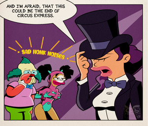 1_eye anthro black_hair breast_grab breast_squeeze breasts claws clothed clothing clown clown_makeup clown_nose curvy_figure eyes_closed female group hair hand_on_breast hat headgear headwear honk makeup male not_furry overweight purple_hair sad simple_background sound_effects squeezing text trio toongrowner 20th_century_fox comedy_central futurama futurama_(series) the_simpsons amy_wong dr._zoidberg turanga_leela alien cyclops human humanoid mammal digital_media_(artwork) english_text