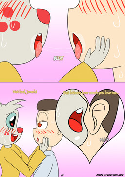 after_kiss anthro blush dialogue duo female male male/female submissive submissive_female whispering whispering_in_ear otakon_(artist) angel_hare the_east_patch angel_gabby jonah_whitman angel human lagomorph mammal comic hi_res