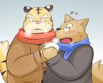 anthro blush clothing duo food kemono male male/male overweight overweight_male pink_nose scarf simple_background sweater text topwear bake_gosut canid canine canis domestic_dog felid mammal pantherine tiger 2013 japanese_text