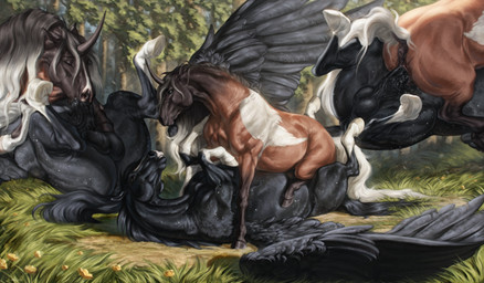 animal_genitalia animal_vulva anus black_body black_penis black_tail black_wings blue_eyes brown_body brown_eyes duo equine_anus equine_genitalia equine_vulva erection eyes_closed feathered_wings feathers female female_penetrated feral feral_on_feral feral_penetrated feral_penetrating feral_penetrating_feral flower genitals grass horn lying male male/female male_penetrating male_penetrating_female mouth_closed on_back on_top oral oral_penetration penetration penile penile_penetration penis penis_in_mouth penis_in_vagina plant puffy_anus sex tail tree vaginal vaginal_penetration vulva white_body white_tail wings yellow_flower scarlanya mythology aura_(kamilazu_alter) izar_(alter) equid equine mammal mythological_creature mythological_equine pegasus unicorn absurd_res hi_res