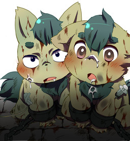 ambiguous_gender anthro black_eyes blood bodily_fluids bound chain cum drugs duo genital_fluids green_hair hair overweight red_eyes simple_background slightly_chubby syringe white_background young young_anthro konbu canid canine canis domestic_dog mammal digital_media_(artwork) source_request sibling_(lore) twins_(lore)