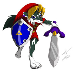anthro anthrofied athletic athletic_anthro athletic_male belt biceps blonde_hair blue_eyes bottomless claws clothed clothing cosplay ear_piercing feet gloves green_body hair handwear looking_at_viewer male markings melee_weapon piercing shield shirt simple_background solo sword toes topwear tunic weapon white_background young young_anthro young_male gunzcon nintendo the_legend_of_zelda link_(wolf_form) canid canine canis mammal wolf 2008 hi_res