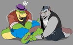 anthro bottomwear clothing duo feet green_body grey_body hat headgear headwear humanoid_hands laugh male pants shirt simple_background sitting tickling tickling_feet topwear darqlugia brok_the_investigator cowcat_games brok_(brok_the_investigator) squealers_chief alligator alligatorid crocodilian mammal murid murine rat reptile rodent scalie 2023 hi_res