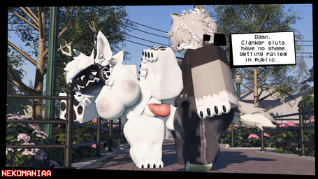 4_fingers 4_toes anthro balls big_breasts black_pawpads breasts clothed clothed_male clothing duo erection exhibitionism feet female fingers genitals machine male male/female nipples nude nude_anthro nude_female pawpads penetration penis pink_penis plant protogen_visor public public_exposure public_nudity public_sex sex slur text toes tree vaginal vaginal_penetration visor vulva nekomaniaa roblox canid canine mammal protogen 16:9 3d_(artwork) absurd_res digital_media_(artwork) english_text hi_res widescreen