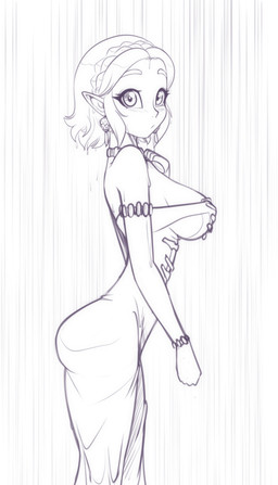 armlet bracelet breasts clothed clothing eyebrows eyelashes female hair humanoid_pointy_ears jewelry looking_at_viewer not_furry pointy_ears raining short_hair solo wet scorpdk nintendo the_legend_of_zelda princess_zelda humanoid hylian 2024 hi_res sketch