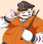 anthro band-aid bandage belly clothing collar humanoid_hands kemono male overweight overweight_male police police_hat shirt simple_background solo topwear white_body nisikemo lifewonders tokyo_afterschool_summoners licho_(tas) felid mammal pantherine tiger 2021 hi_res