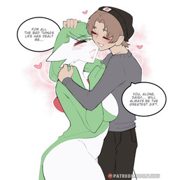 beanie blush clothing eyes_closed female hat headgear headpat headwear heart_symbol hug lipstick love makeup male male/female smile text luxurias nintendo pokemon daisy_(luxurias) gardevoir generation_3_pokemon human humanoid mammal pokemon_(species) english_text hi_res