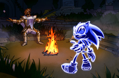 anthro armor clothing detailed_background duo fire footwear gloves grass handwear male night plant sitting catragemiau dark_souls fromsoftware sega sonic_the_hedgehog_(series) sonic_the_hedgehog eulipotyphlan hedgehog human mammal 2022 crossover