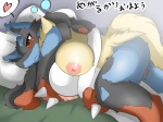 4:3 anthro bed bedroom big_breasts black_body black_fur blue_body blue_fur blush breasts butt canid canine duo eyelashes faceless female frown fur furniture generation_6_pokemon genitals glistening heart_symbol hi_res humor inside interspecies japanese japanese_text looking_away lying mammal mega_evolution mega_lucario narrowed_eyes nintendo nipples on_side pillow pink_body pink_skin pokemon pokemon_(species) pokephilia pun pussy red_body red_eyes red_fur shadow spikes squint text translated yellow_body yellow_fur yus-ts