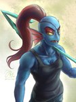 blue_body blue_scales clothing ear_fins ear_frill eye_patch eyewear female fin frill_(anatomy) holding_melee_weapon holding_object holding_polearm holding_spear holding_weapon melee_weapon polearm scales shirt solo spear tank_top topwear weapon micchan_sense undertale_(series) undyne animal_humanoid fish fish_humanoid humanoid marine marine_humanoid 2022 hi_res