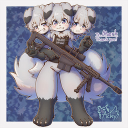 3_heads 4_arms 5_fingers anthro biped blush blush_lines claws dipstick_ears ear_markings fingers floppy_ears fur gun holding_gun holding_object holding_ranged_weapon holding_weapon kemono male multi_arm multi_head multi_limb multicolored_ears ranged_weapon smile solo tail text weapon young young_anthro young_male acky05 canid canine canis domestic_dog mammal 1:1 english_text hi_res