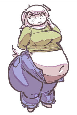 anthro belly big_breasts big_butt biped black_eyebrows black_nose blue_bottomwear blue_clothing blue_jeans blue_pants blush blush_lines bottomwear breasts butt clothed clothed_anthro clothed_female clothing deep_navel denim denim_bottomwear denim_clothing dog_ears eyebrow_through_hair eyebrows eyelashes female female_anthro floppy_ears front_view fur furgonomic_bottomwear furgonomics green_clothing green_shirt green_topwear grey_blush hair hand_behind_back jeans looking_away love_handles medium_hair midriff navel nipple_outline no_pupils obese obese_anthro obese_female open_bottomwear open_clothing open_pants overweight overweight_anthro overweight_female panties pants pink_clothing pink_panties pink_underwear pockets shirt simple_background solo standing tail thick_thighs tight_bottomwear tight_clothing topwear translucent translucent_hair unbuttoned underwear weight_conscious weight_gain white_background white_body white_ears white_eyes white_fur white_hair white_tail anonymous_artist wafer_(/feed/) canid canine canis domestic_dog mammal 2025 colored full-length_portrait portrait shaded