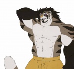 abs anthro athletic biceps big_muscles biped black_body black_fur black_hair blue_eyes blush bottomwear chest_tuft clothed clothing flexing fur grey_body grey_fur grin hair hand_behind_head male markings muscular muscular_anthro muscular_male pants pecs pink_nose pose shorts simple_background smile solo standing teeth topless tuft white_background white_body white_fur dazen_cobalt dazen_(character) felid mammal pantherine tiger