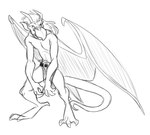 anthro belt bottomwear clothed clothing featureless_chest hair horn humanoid_pointy_ears loincloth loincloth_only male pointy_ears solo tail topless wings buyakasha disney gargoyles brooklyn_(gargoyles) gargoyle scalie monochrome